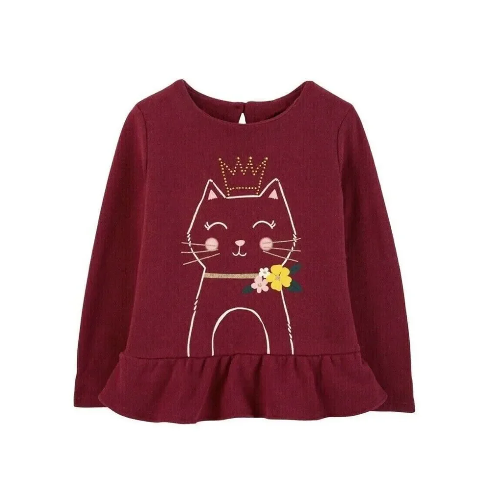 Toddler Girls Kids Sequin Rhinestone Princess Cat Sweater Peplum Top Maroon 4T